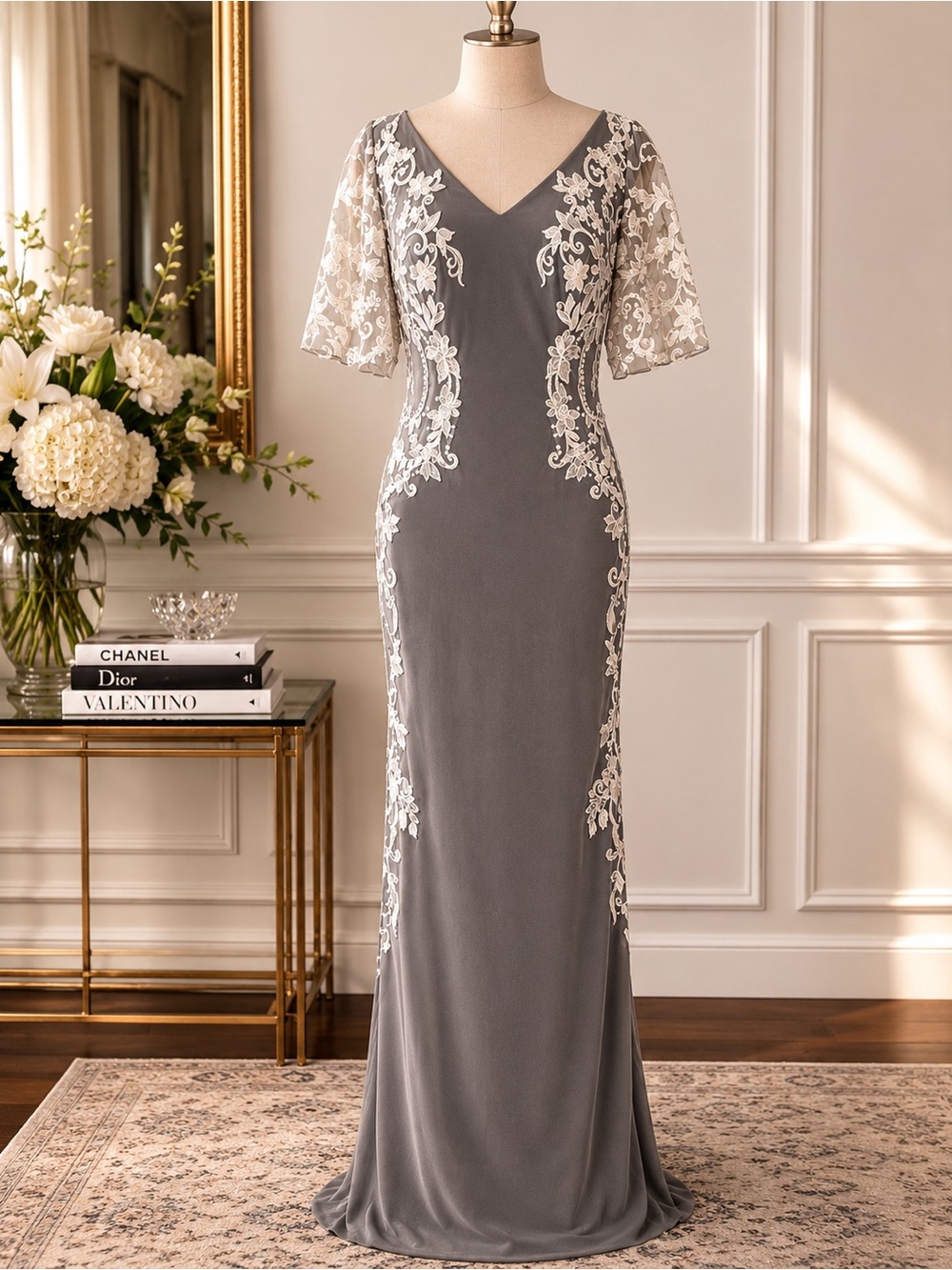 Azazie Gray Gown with Ivory Lace Appliqué mother of the bride